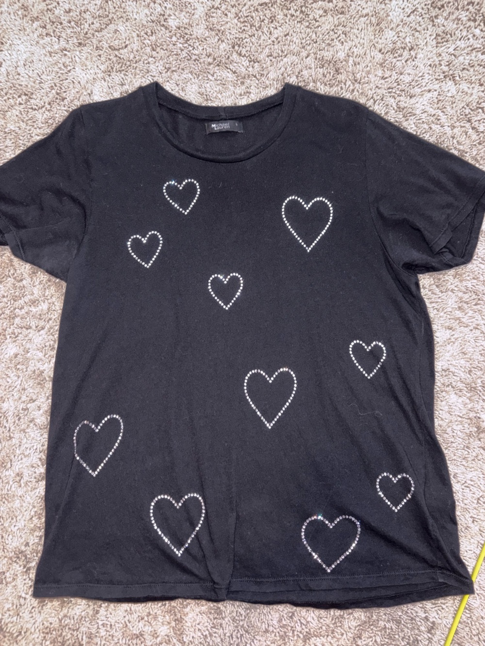 Michael Lauren Black Tee with Rhinestone Hearts